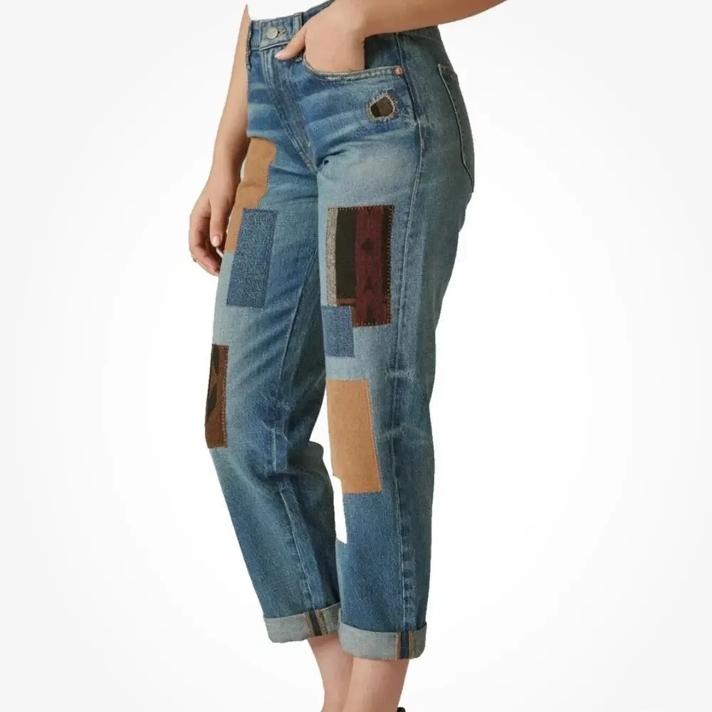 Lucky Brand Lucky Legend Womens Boy Mid Rise Jeans Straight 24R Patchwork Boho - Picture 2 of 11